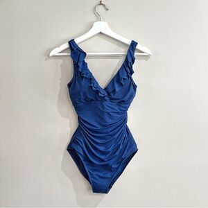 Lauren Ralph Lauren Blue One-Piece Swimsuit Size 8 Ruched Ruffle Tank